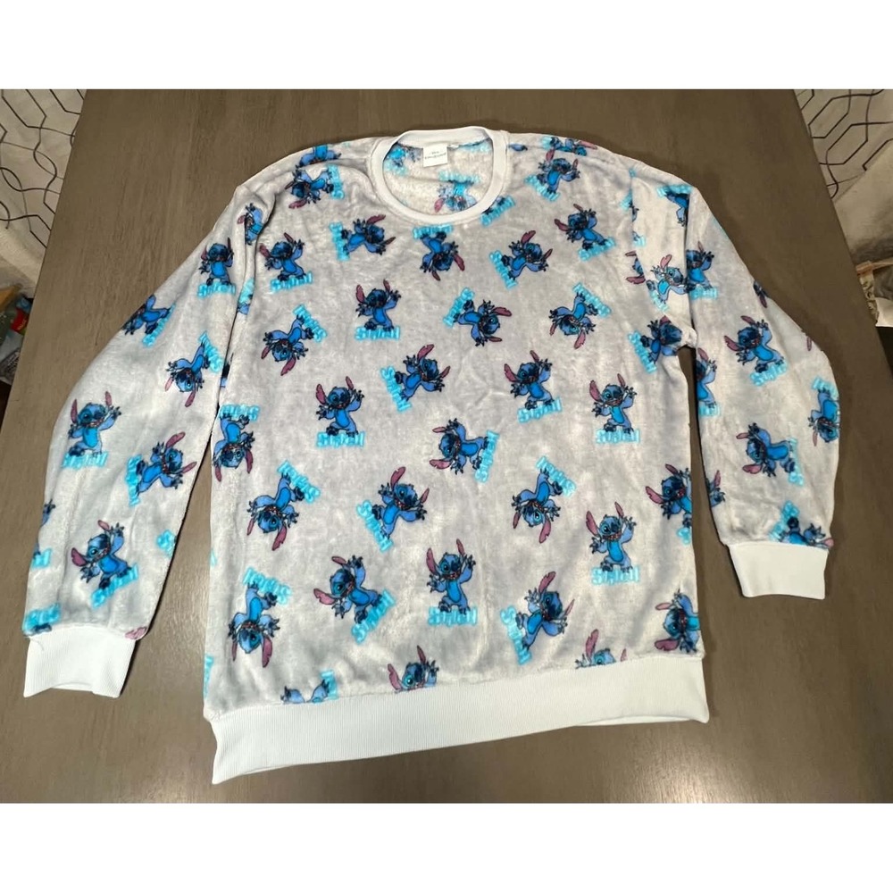 Disney Lilo & Stitch All Over Print Plush Fleece Pajama Top Grey Blue XL
